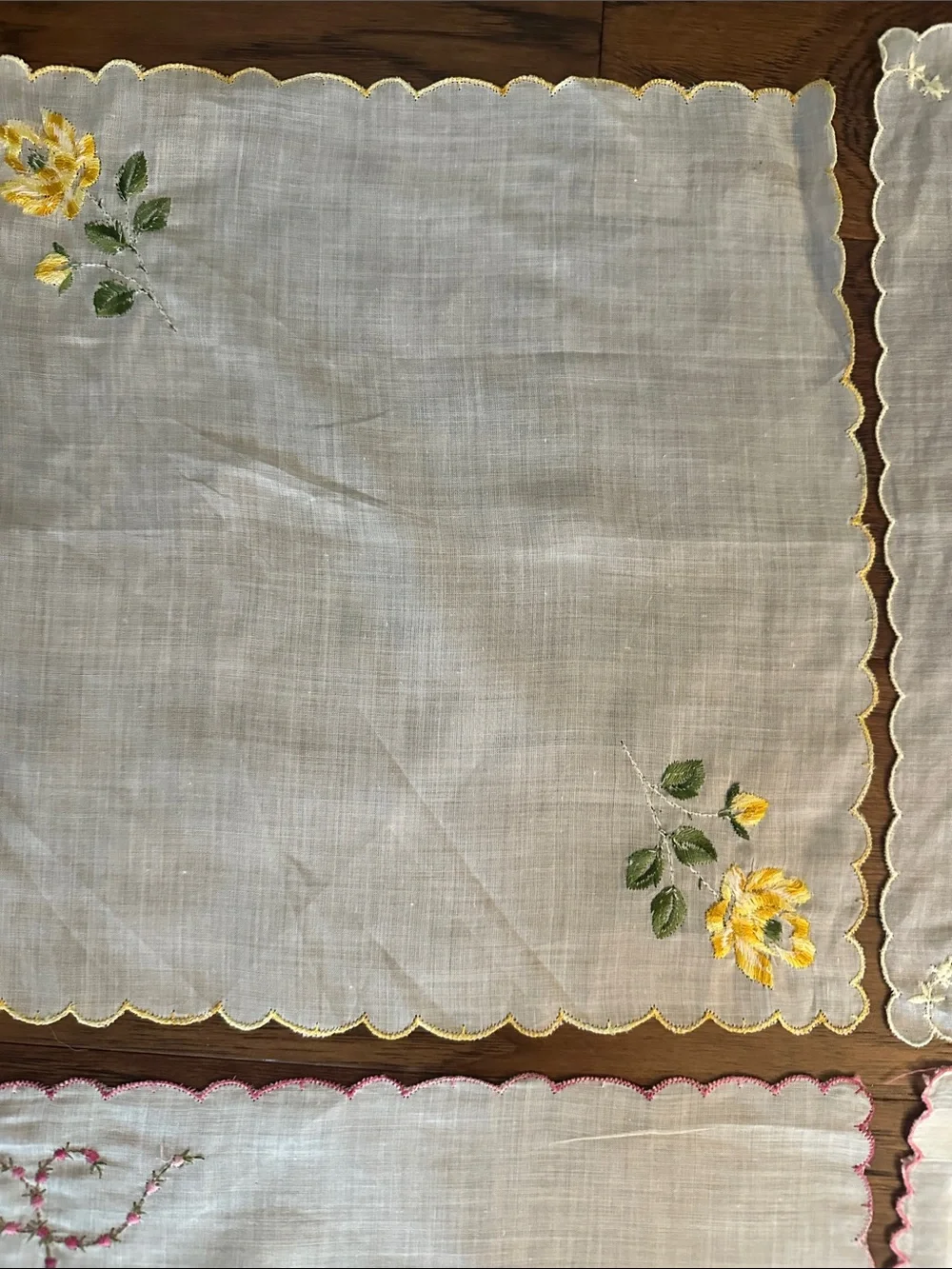 Vintage Set of 4 Embroidered Linen hankies with Yellow and Pink Accents